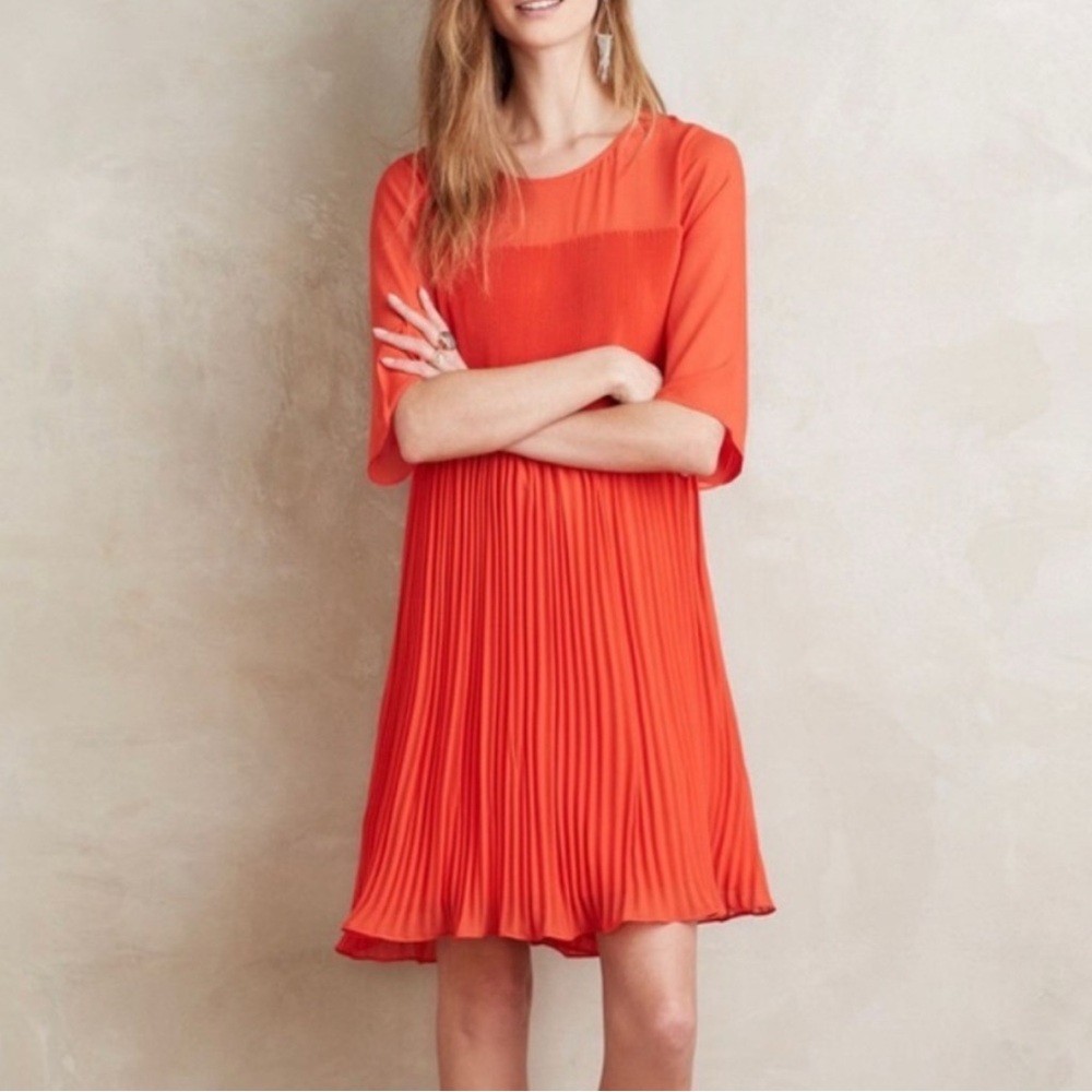 Anthropologie Maeve Red/Orange Pleated Dress